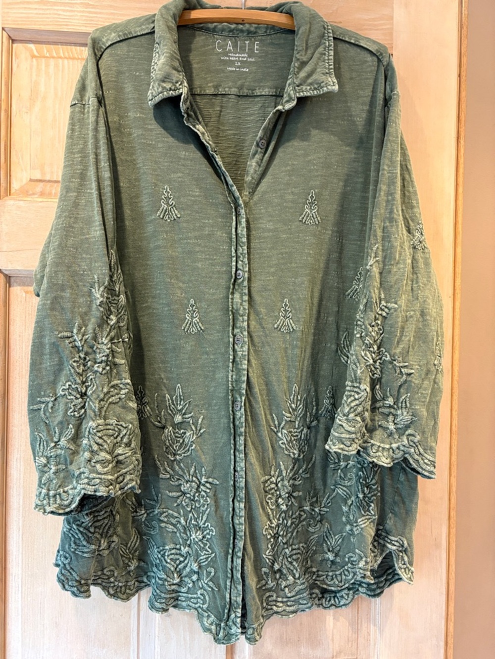 Caite Olive Green Embroidered Button-Front Women's Top 1X